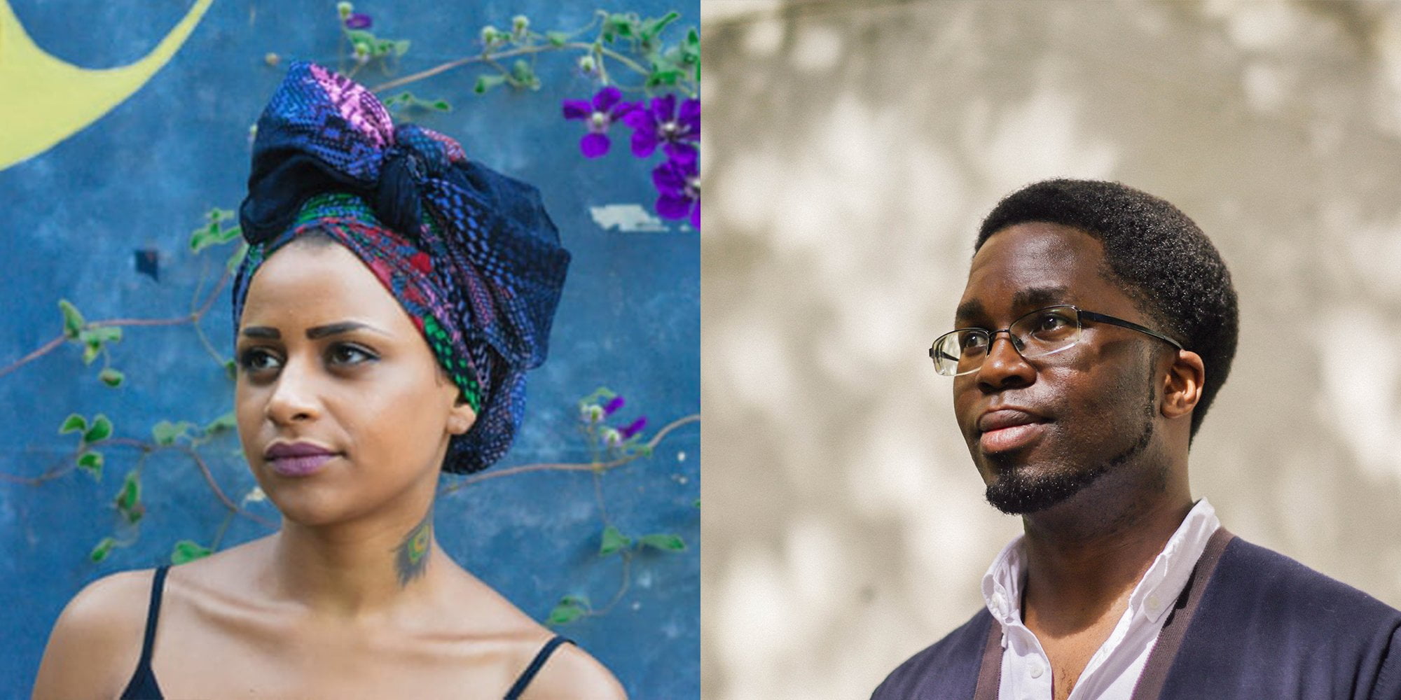 Woman in a head wrap and a man with glasses