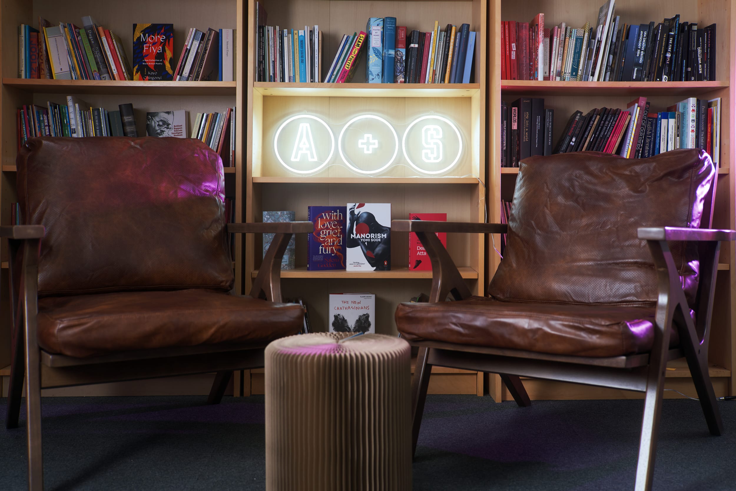 Two leather chairs in front of a bookshelf filled with poetry books. A neon sign reads Apple and Snakes