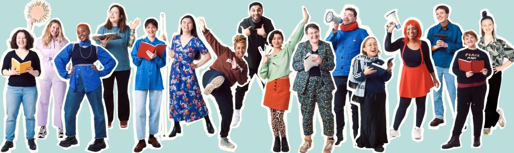 A group of artists in residence, smiling in fun and different poses