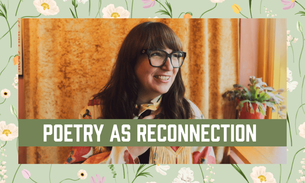 Laurie Bolger on a yellow background with pastel florals. Text reads Poetry as Reconnection
