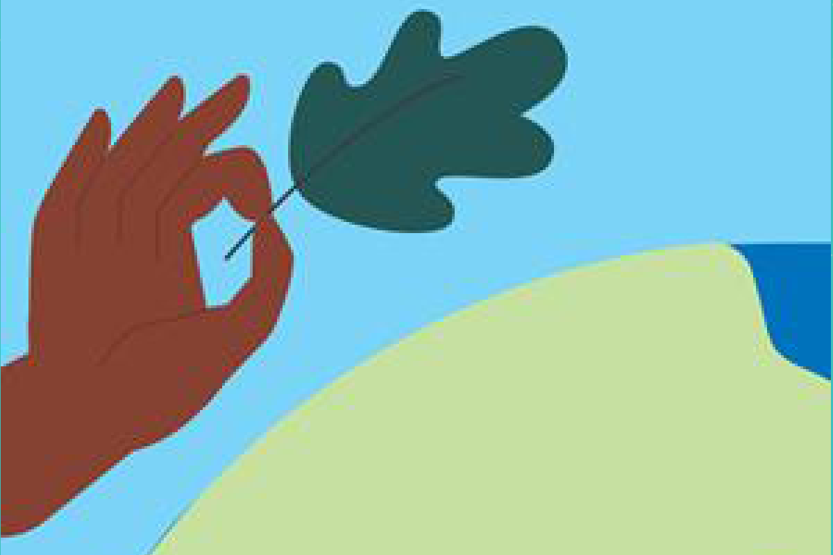 A cartoon drawing of a hand holding an oak leaf. Below the hand there is a cartoon picture of planet earth.