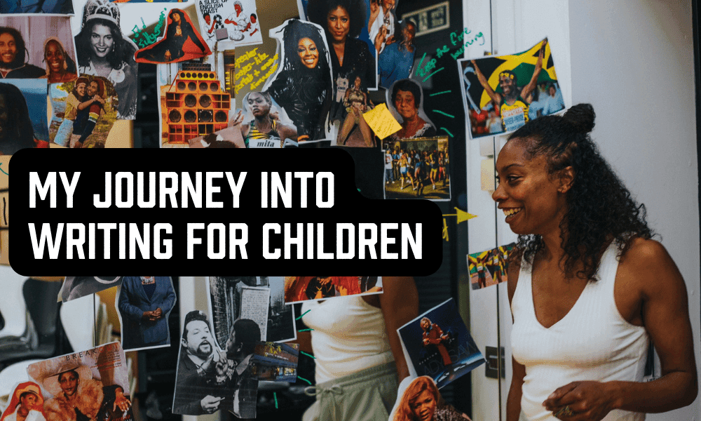 A montage of photos next to Ioney Smallhorne. Reads 'My Journey into Writing for Children'