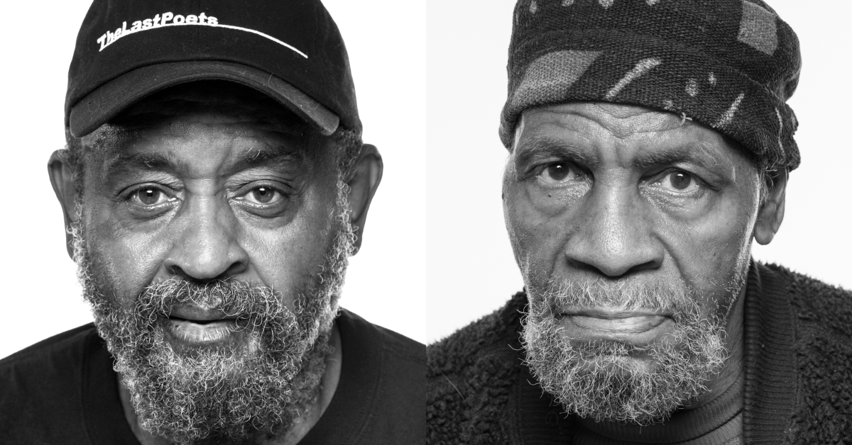 Portrait of two older black men, one with a cap that reads 'the last poets' and the other in a cotton cap. Both with beards, looking intent.