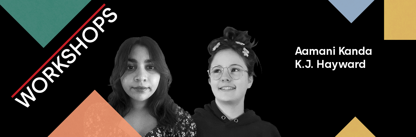 Two young female poets in black and white on a dark background with multi coloured squares. It reads their names - Aamani and KJ