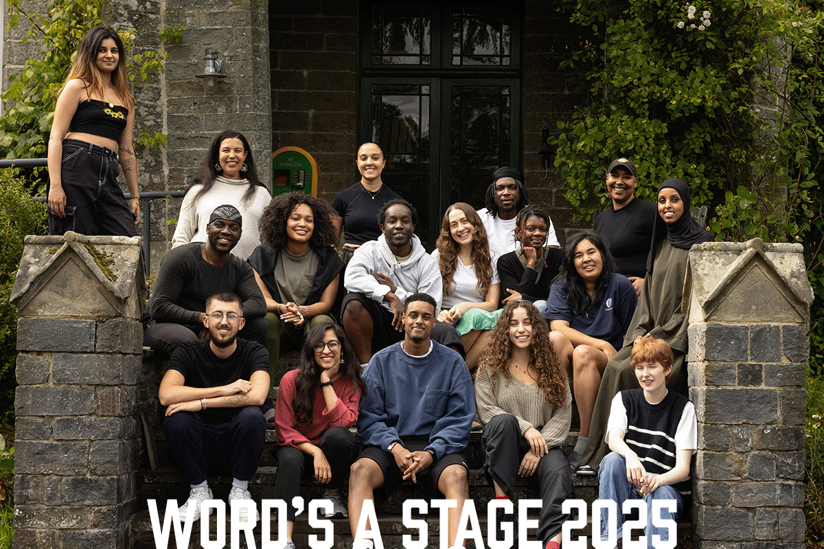 A group of young adult poets relaxing on the steps outside a country house